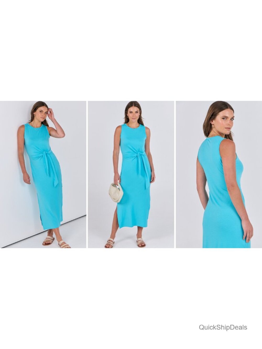 Sleeveless Tank Midi T-Shirt Dress Slim Fit Tie Waist Side Split - Picture 6 of 6